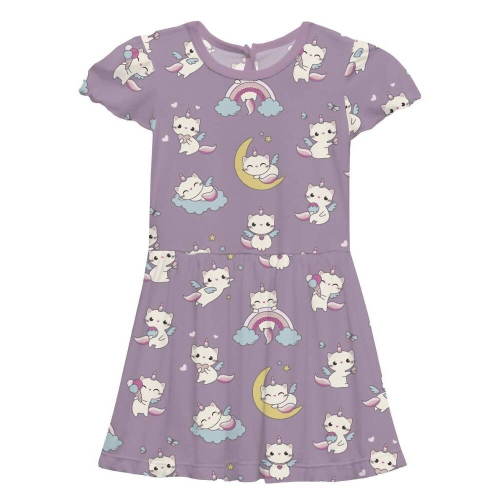 NEW KICKEE girls' flutter sleeve twirl dress in lavender caticorn